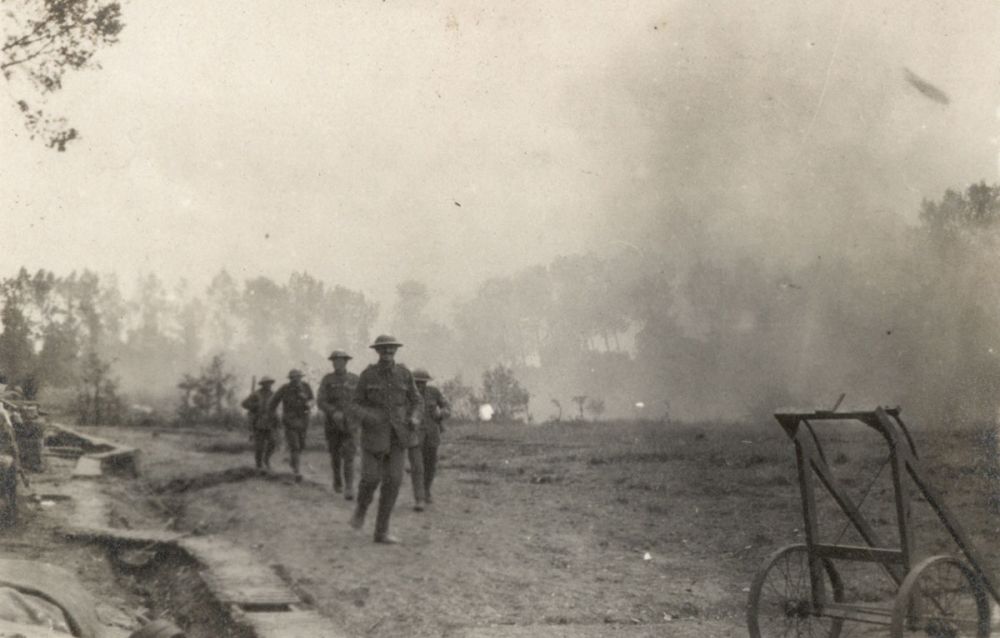 Enemy shell fire exploding while soldiers search for cover in the area of Mud Lane, Ploegsteert.